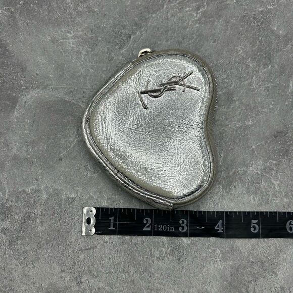 Saint Laurent YSL Metallic Silver Leather Heart Coin Purse with Key Chain - Picture 15 of 15